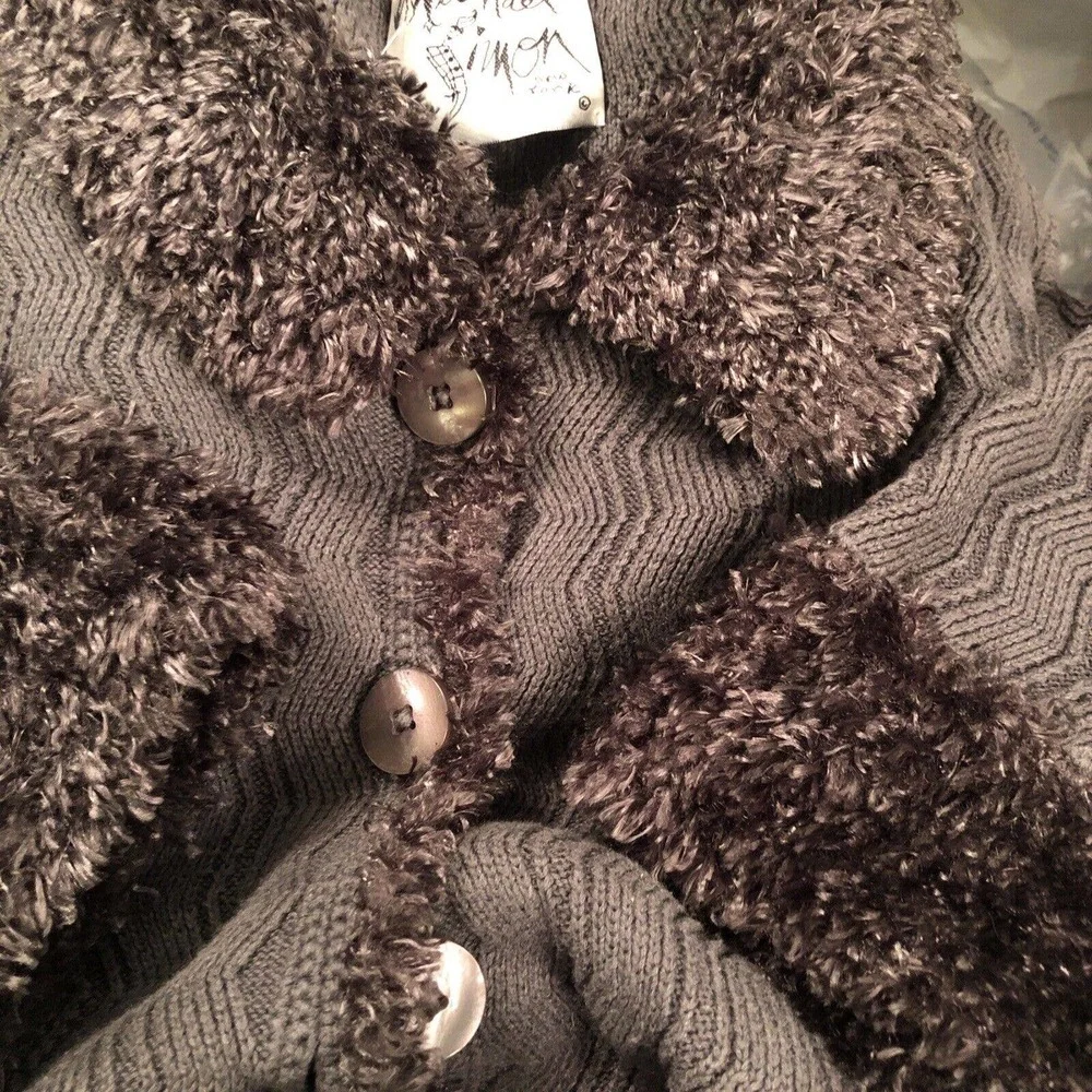 Michael Simon Rare Y2K Sweater Slate Blue Fab Buttons‎ Fur Collar Beautiful Knit